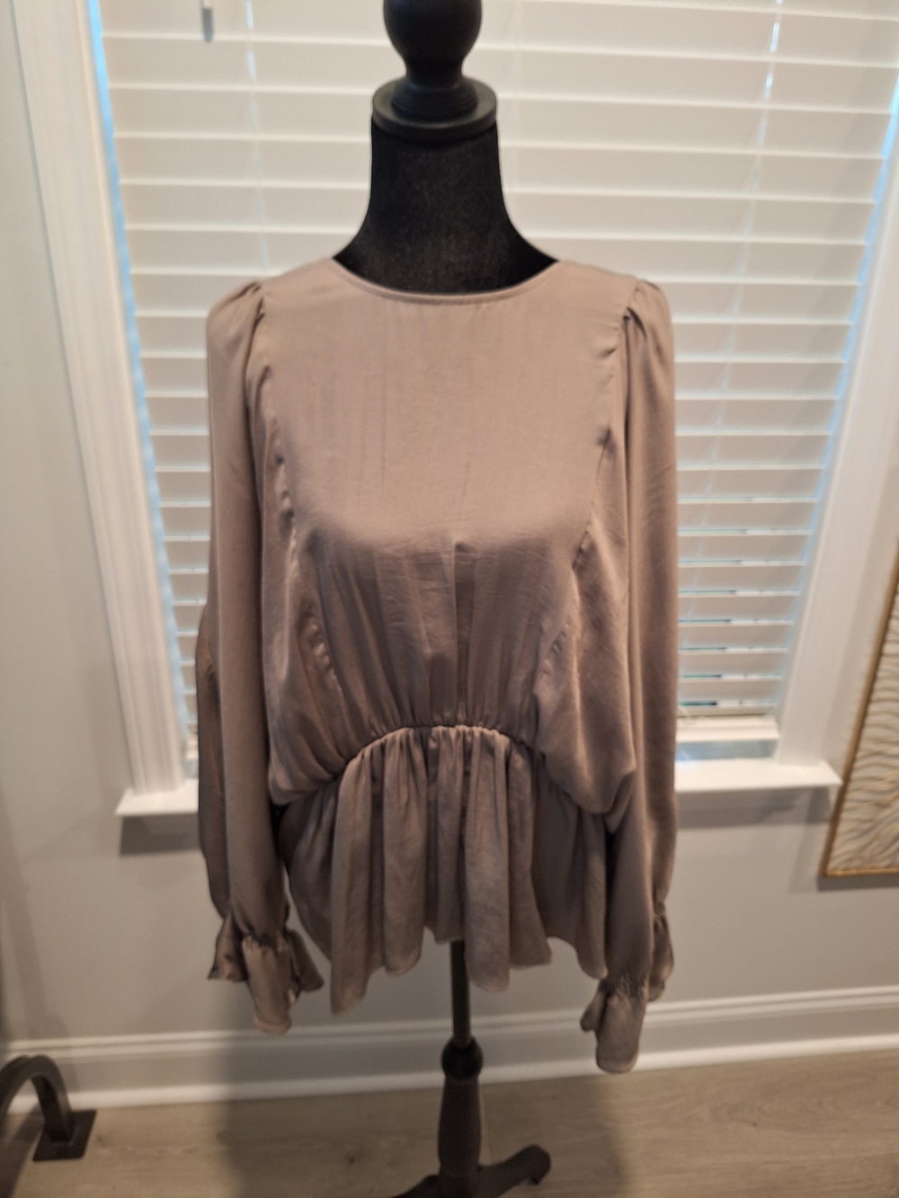 Taupe Long-Sleeve Peplum Blouse — Classic Feminine Top